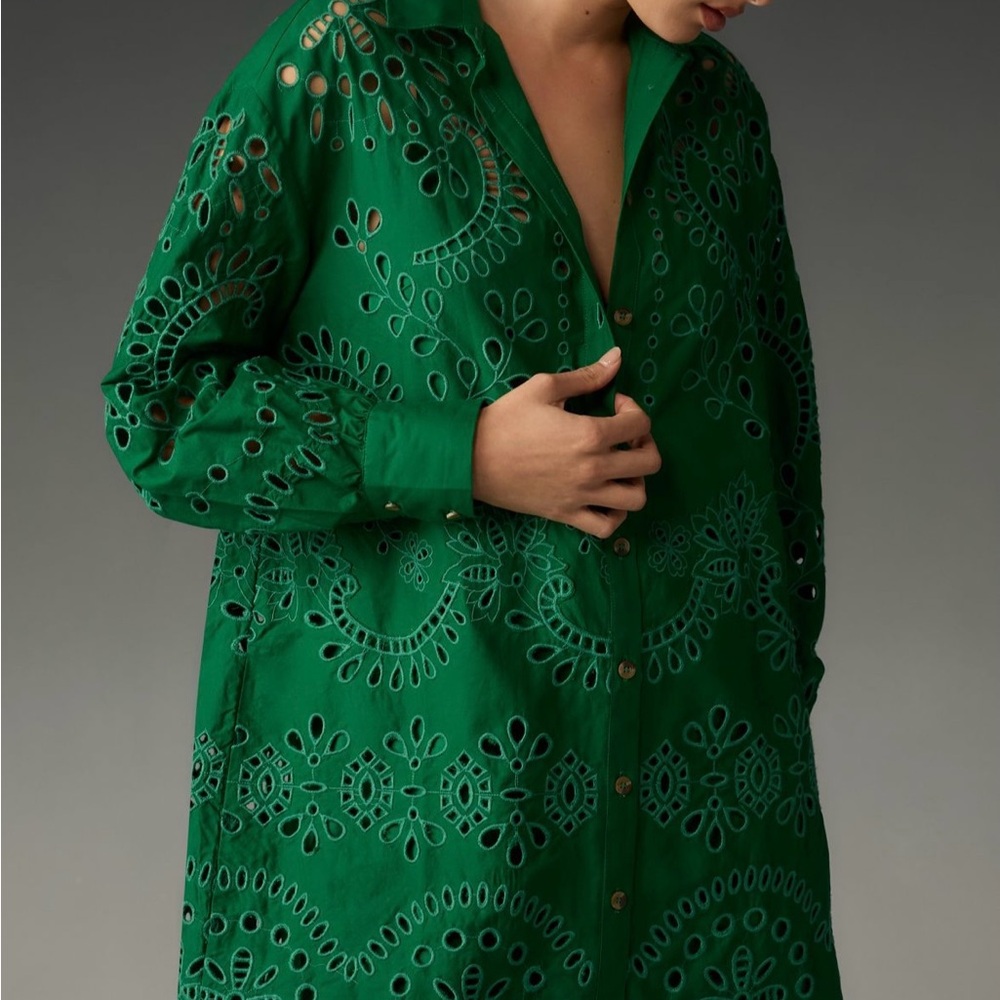 EUC By Anthropologie Green Eyelet Button Down Shirt Mini Dress - Picture 13 of 17